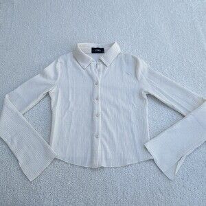 Cider White Ribbed Bell Sleeve Button Down Shirt with Slits - XS